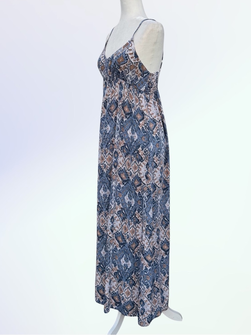 Angie Blue and Beige Ikat Print Babydoll V-Neck Spaghetti Strap Maxi Dress ~ L - Picture 4 of 8